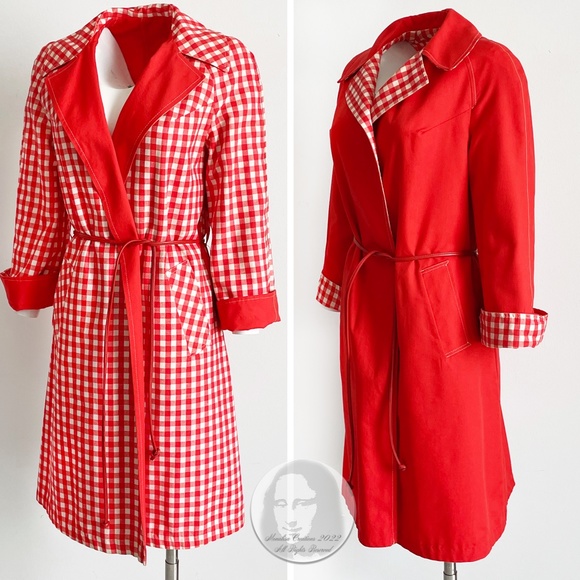 Rain Coat with Leather Belt Reversible Gingham Check Red White Vintage Sz 8 - Picture 5 of 9